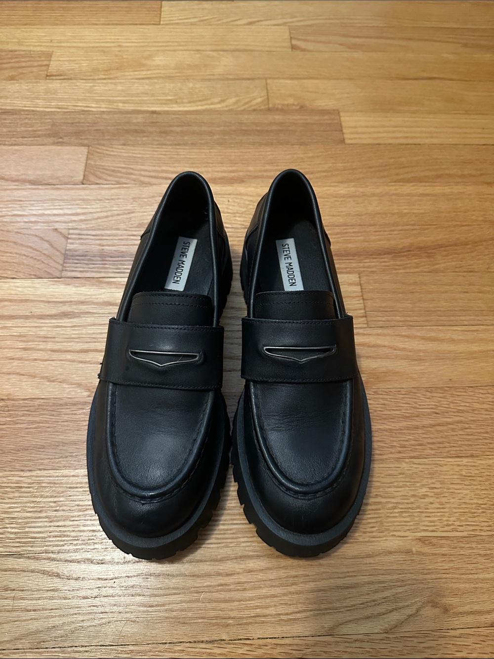 Steve Madden Black Leather Lug-Sole Penny Loafers